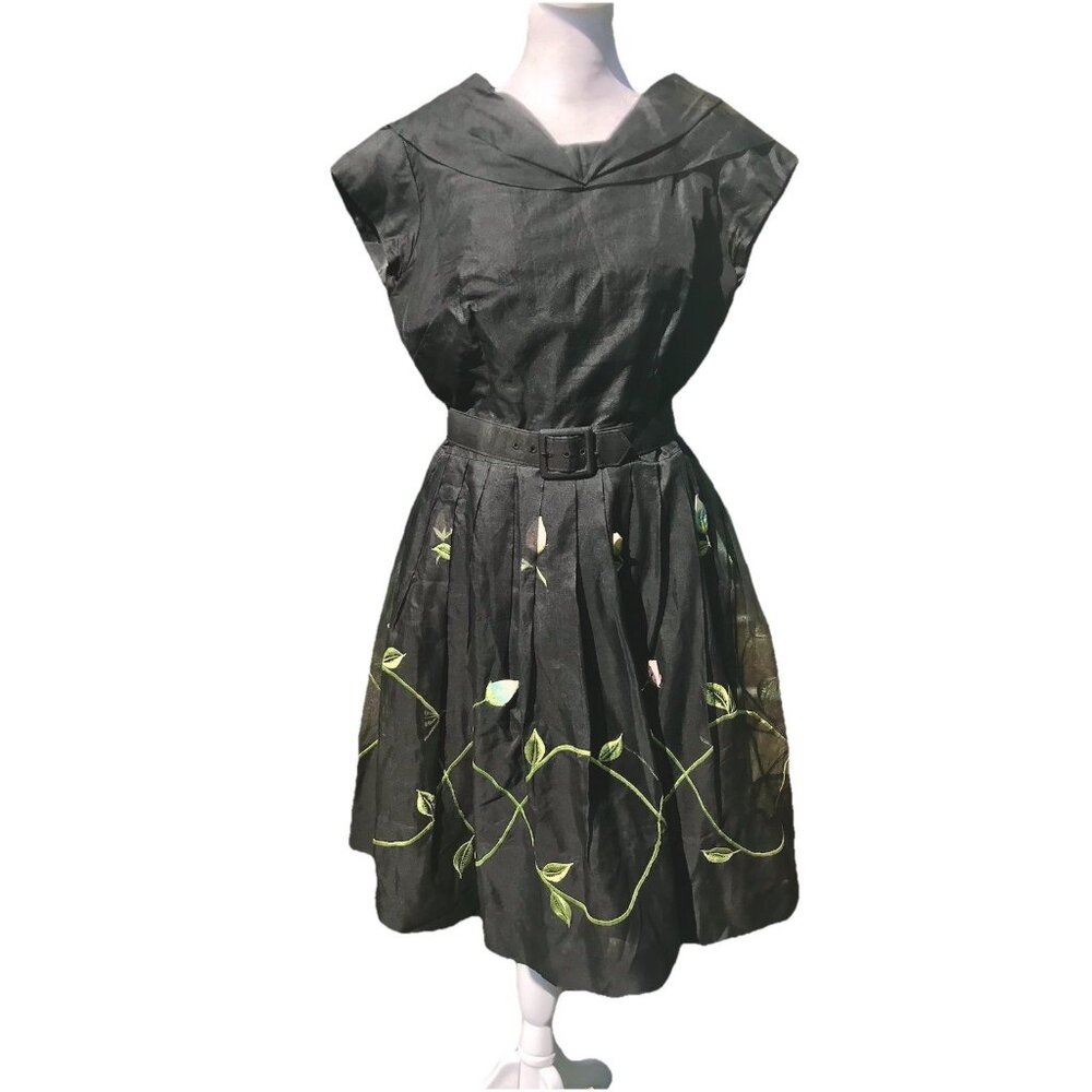 Vtg 50s Party Cocktail Dress Black Chiffon Silk Appliqué Tulips S M Suzy Perette
